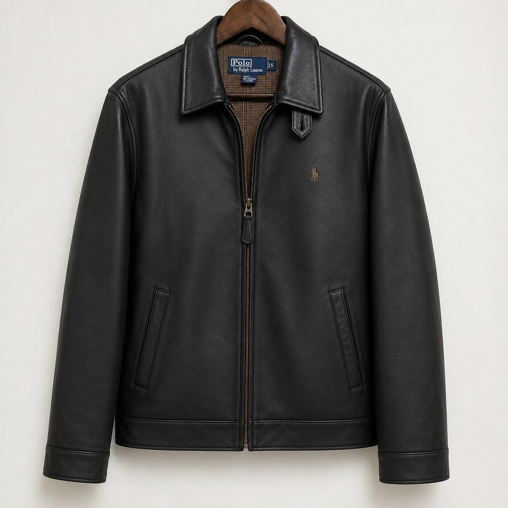 Polo Ralph Lauren Mens Black Leather Jacket Small Plaid Lined Full Zip Pony Logo